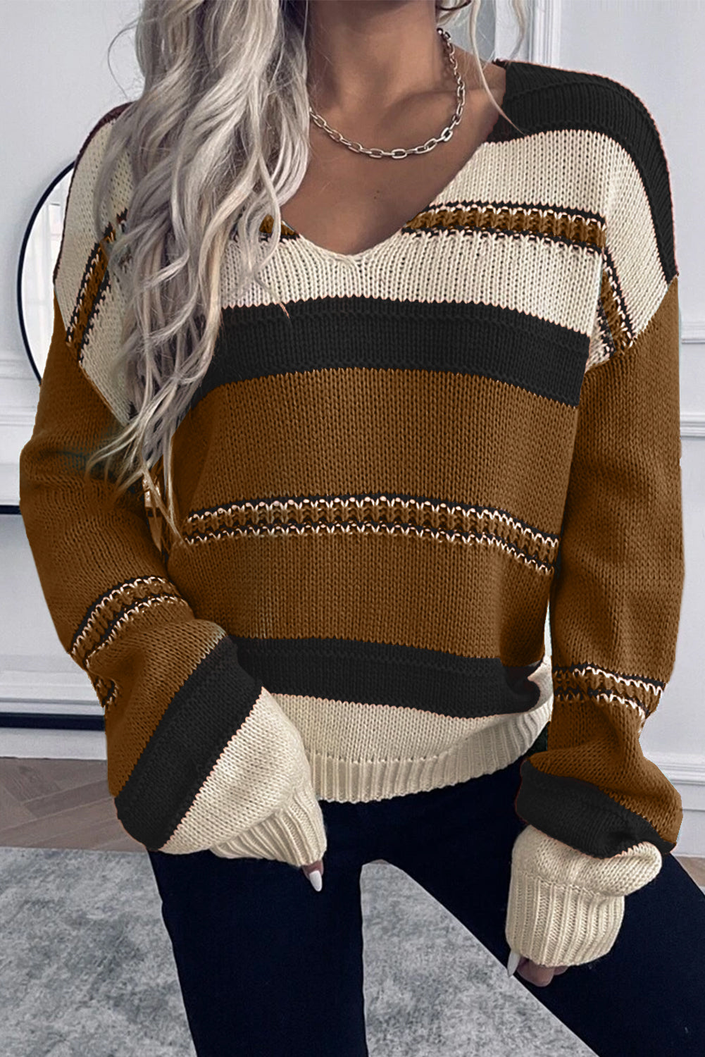 Coffee Striped Knit V Neck Drop Shoulder Sweater