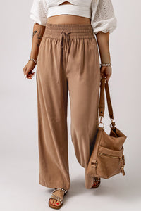 Brown Casual Drawstring Wide Leg Pants