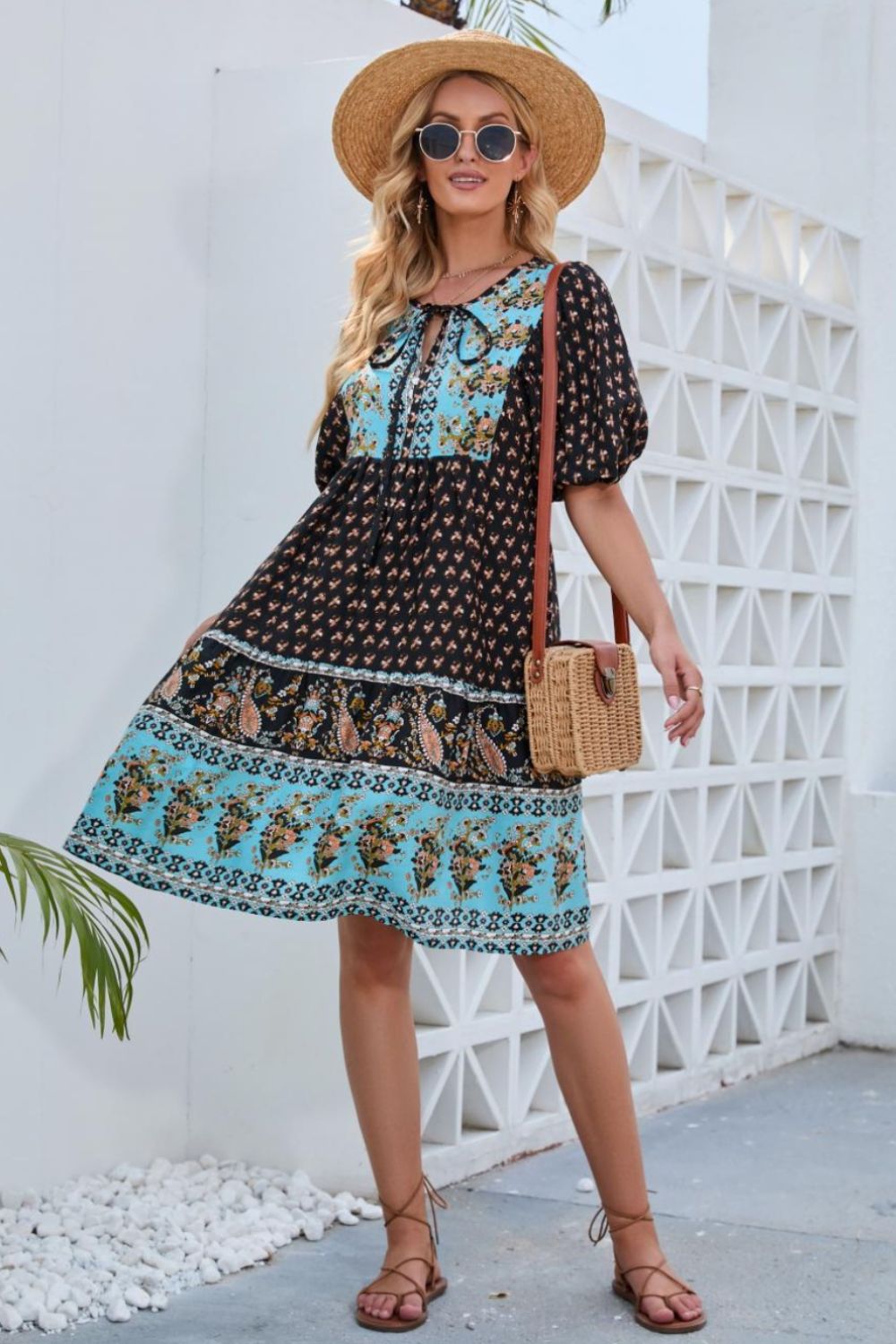 Tie Neck Half Sleeve Dress