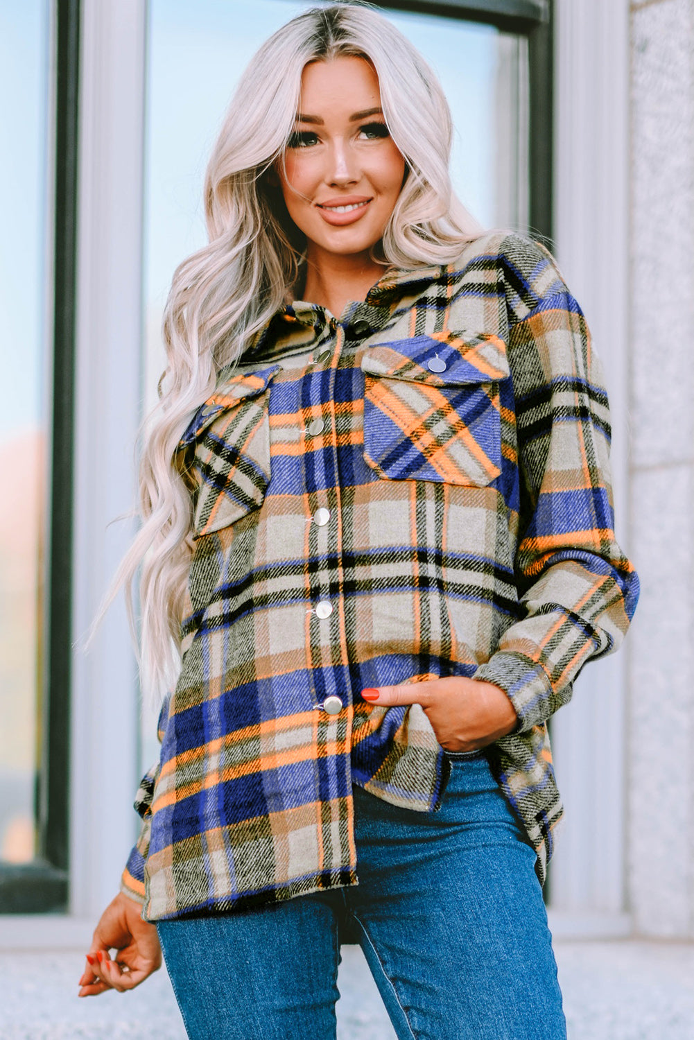 Khaki Plaid Print Casual Button Up Pocket Shirt