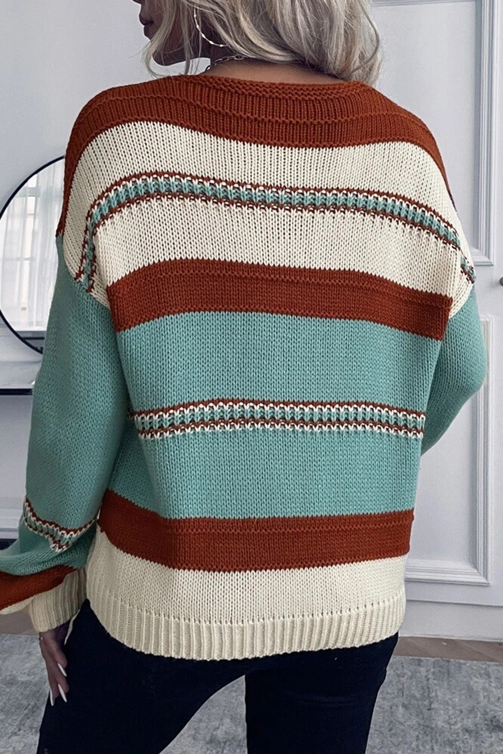 Coffee Striped Knit V Neck Drop Shoulder Sweater