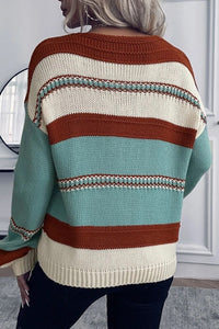 Coffee Striped Knit V Neck Drop Shoulder Sweater