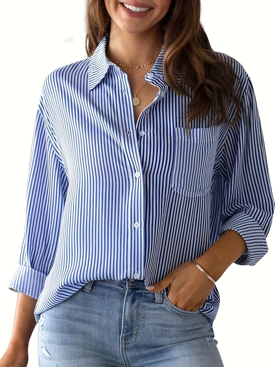 Striped Collared Neck Long Sleeve Blouse