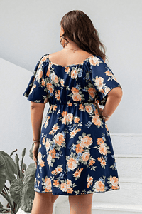 Plus Size Floral Print V-Neck Flutter Sleeve Mini Dress