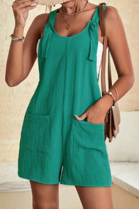 Rose Shoulder Strap Pocket Textured Romper