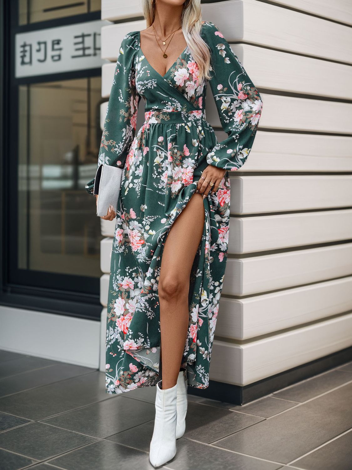 Slit Surplice Long Sleeve Maxi Dress