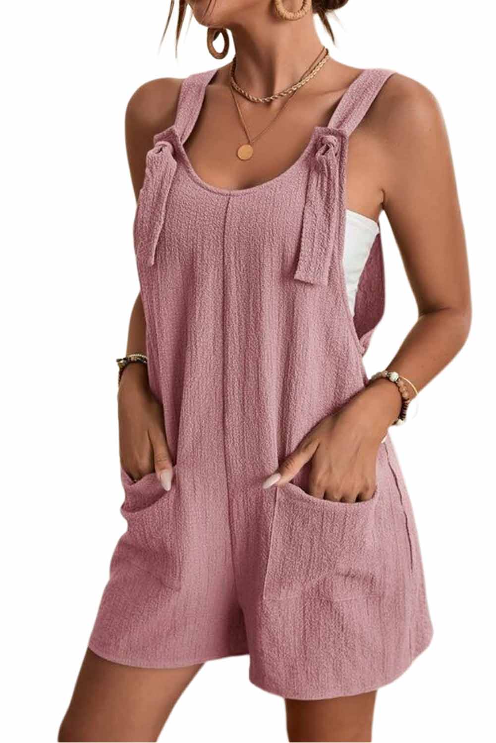 Rose Shoulder Strap Pocket Textured Romper