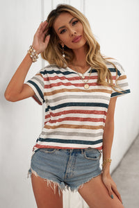 Multicolor Stripes Print Short Sleeve Casual V Neck T Shirt