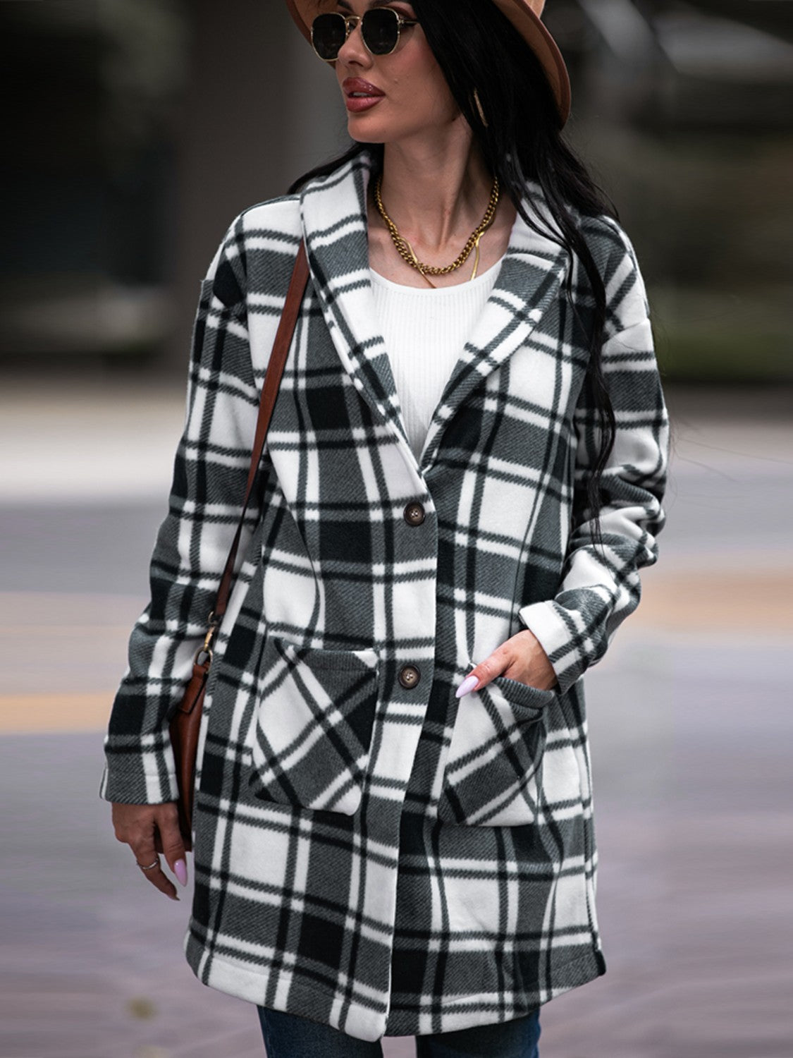 Shiny Plaid Shawl Collar Coat with Pockets