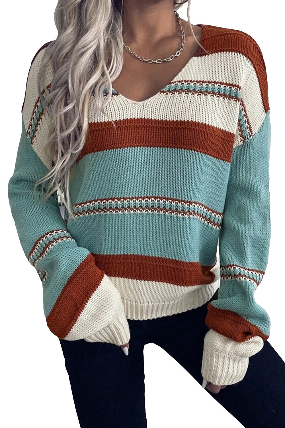 Coffee Striped Knit V Neck Drop Shoulder Sweater