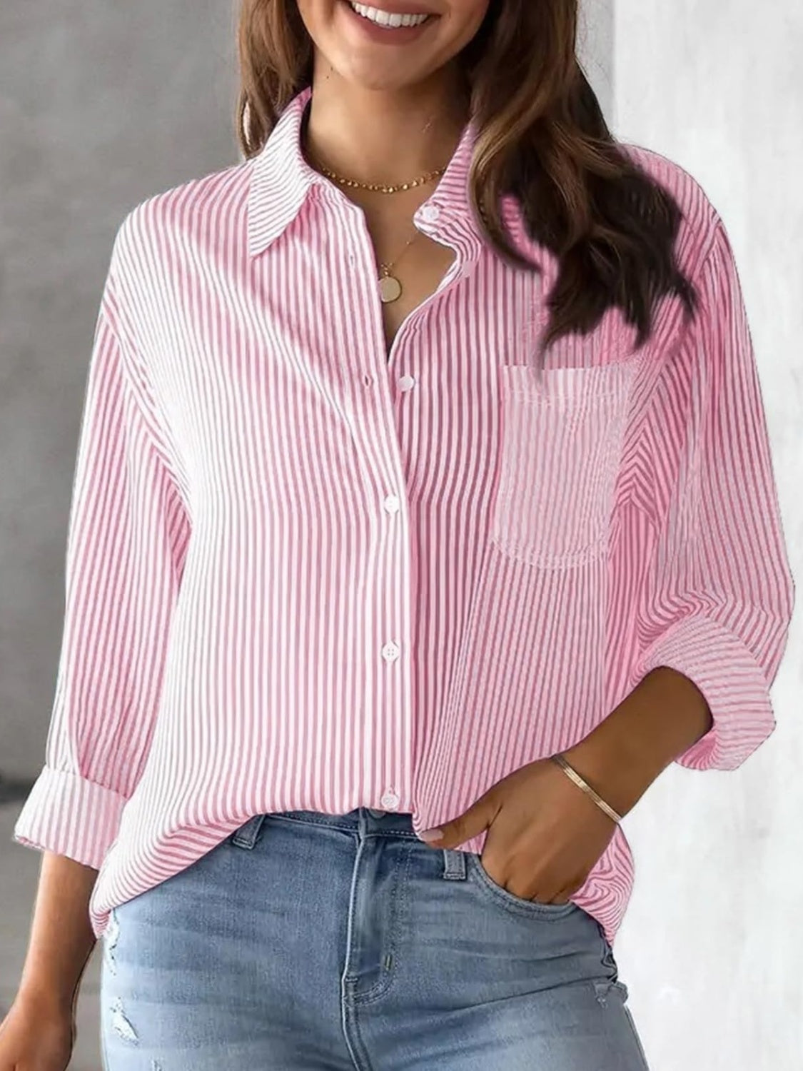 Striped Collared Neck Long Sleeve Blouse