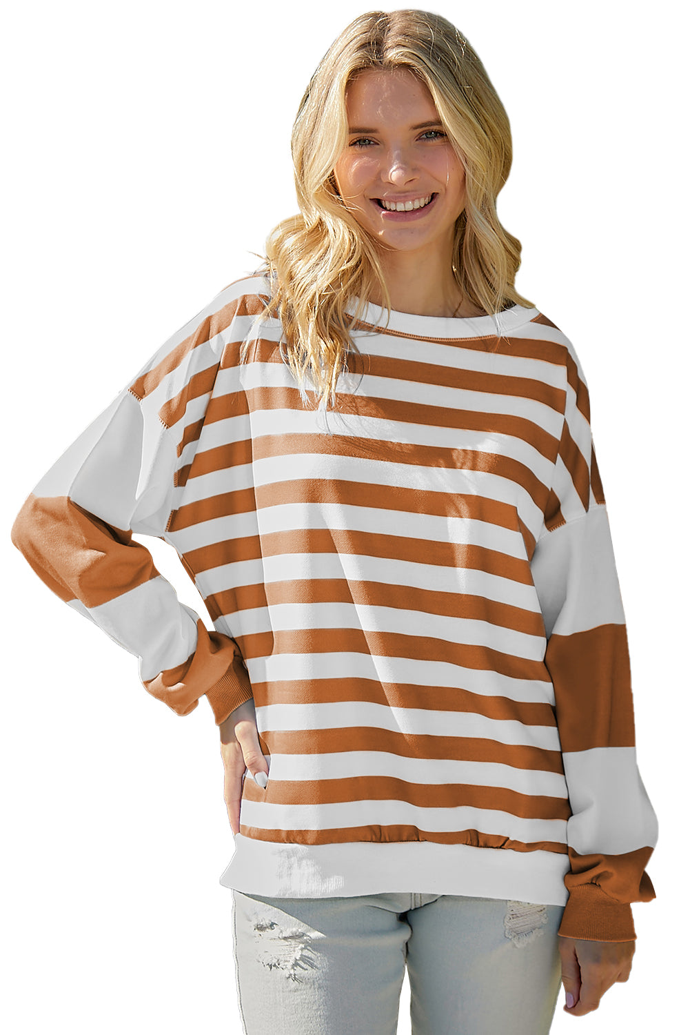 Striped Colorblock Casual Drop Shoulder Sweatshirt