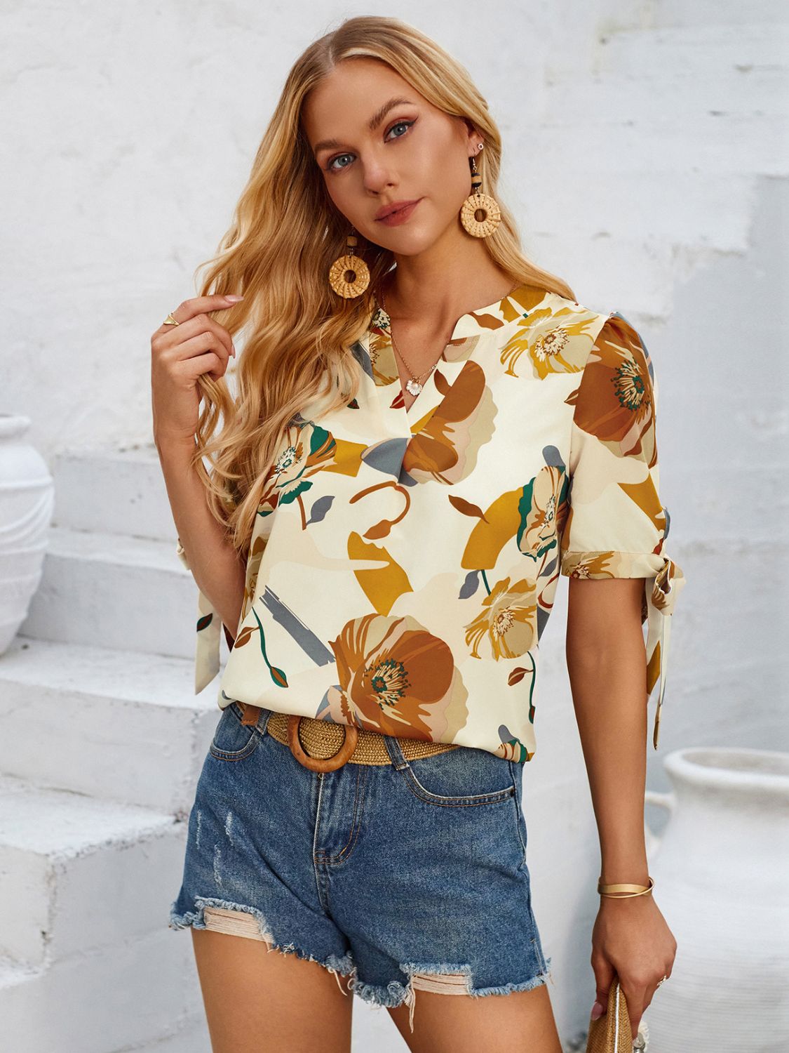 Tied Notched Short Sleeve Blouse