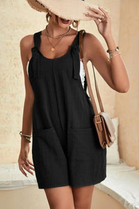 Rose Shoulder Strap Pocket Textured Romper