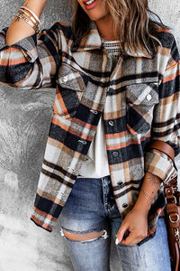 Khaki Plaid Print Casual Button Up Pocket Shirt