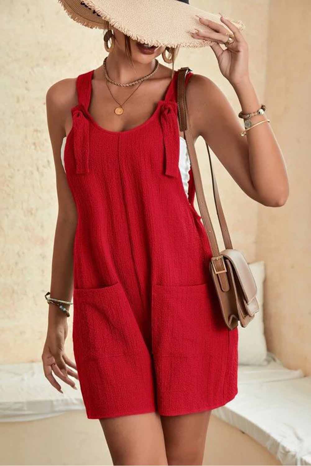 Rose Shoulder Strap Pocket Textured Romper