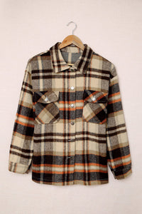 Khaki Plaid Print Casual Button Up Pocket Shirt