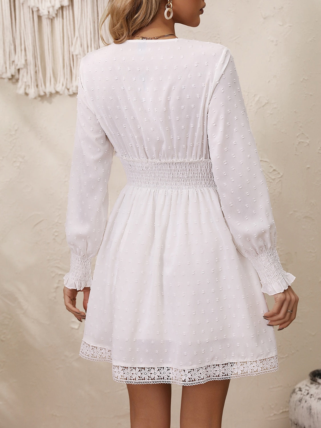 Lace Detail V-Neck Long Sleeve Dress