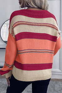 Coffee Striped Knit V Neck Drop Shoulder Sweater