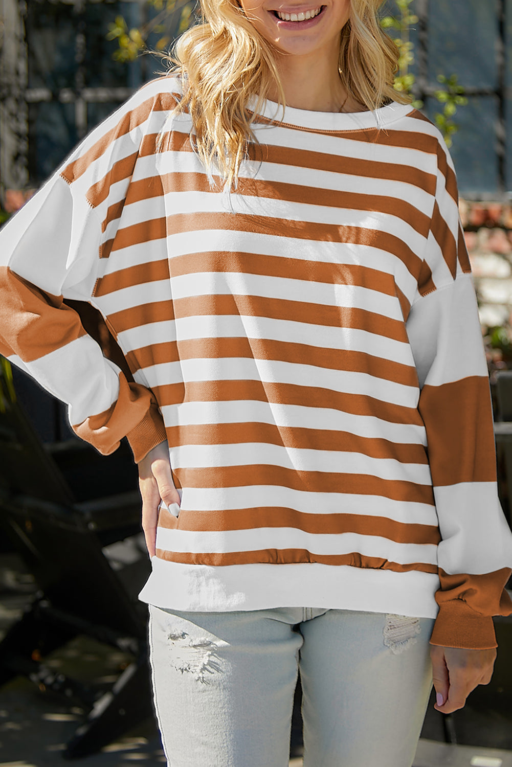 Striped Colorblock Casual Drop Shoulder Sweatshirt