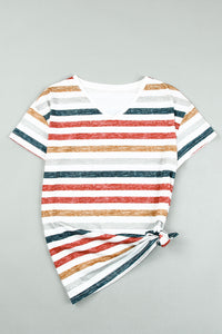 Multicolor Stripes Print Short Sleeve Casual V Neck T Shirt