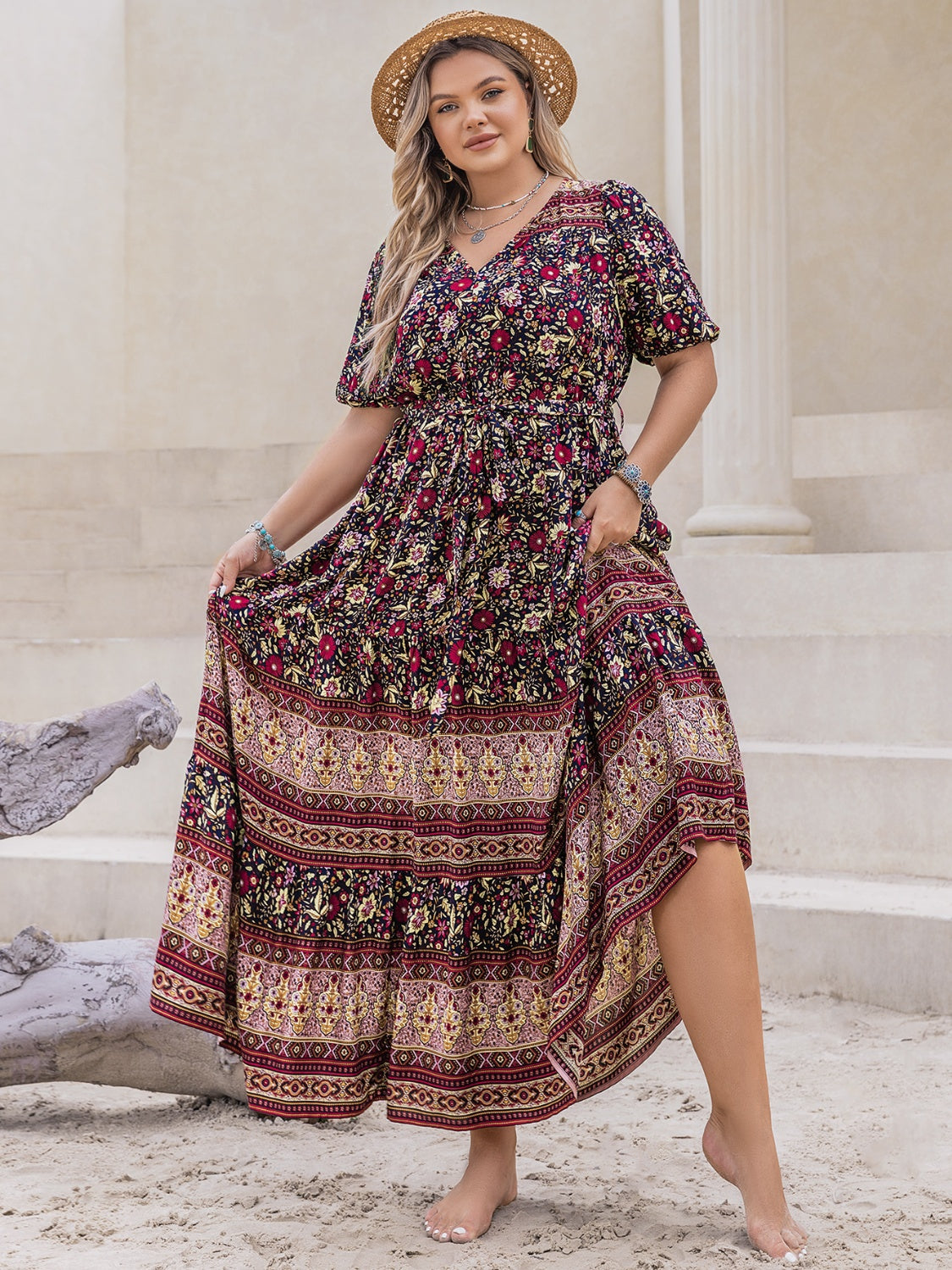 V-Neck Short Sleeve Maxi Dress