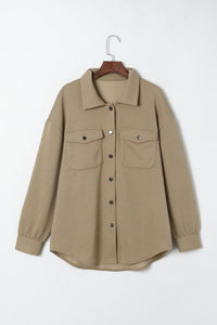 Beige Solid Textured Flap Pocket Buttoned Shacket