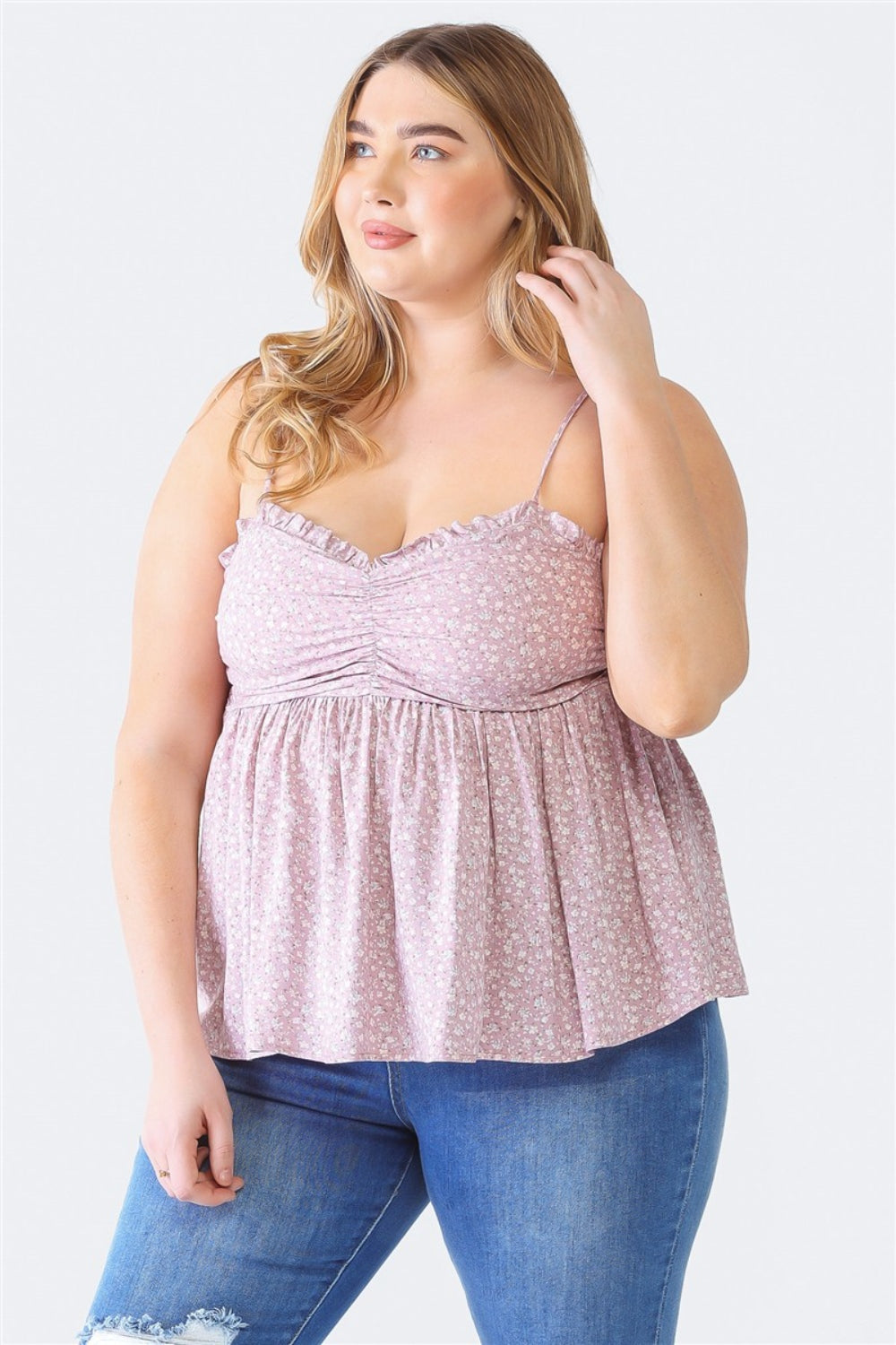 Frill Smocked Floral Sweetheart Neck Cami