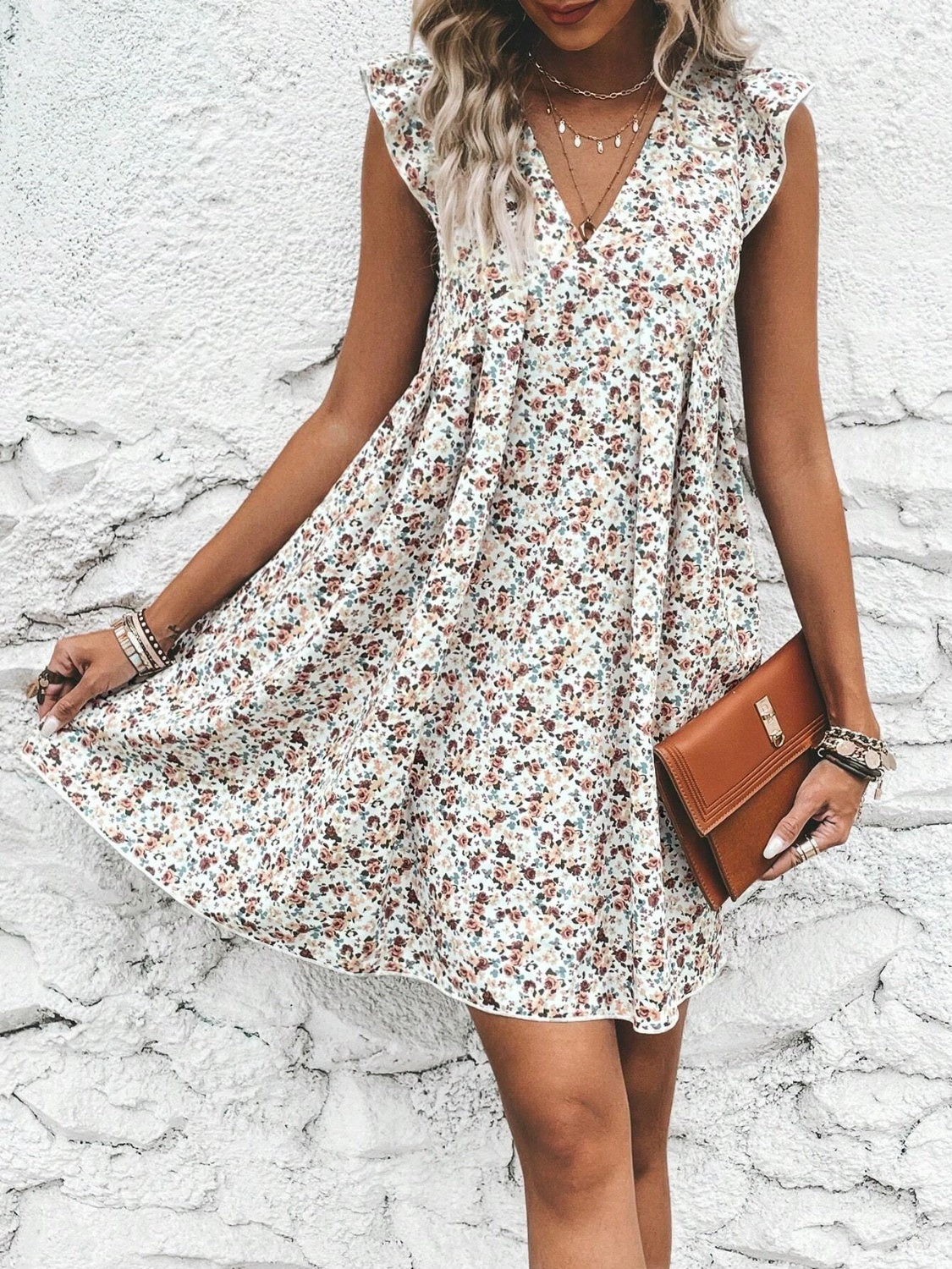 Printed V-Neck Cap Sleeve Mini Dress