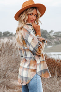 Gold Flame & Grey Plaid Button Up Collared Flannel Shacket