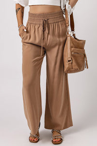 Brown Casual Drawstring Wide Leg Pants