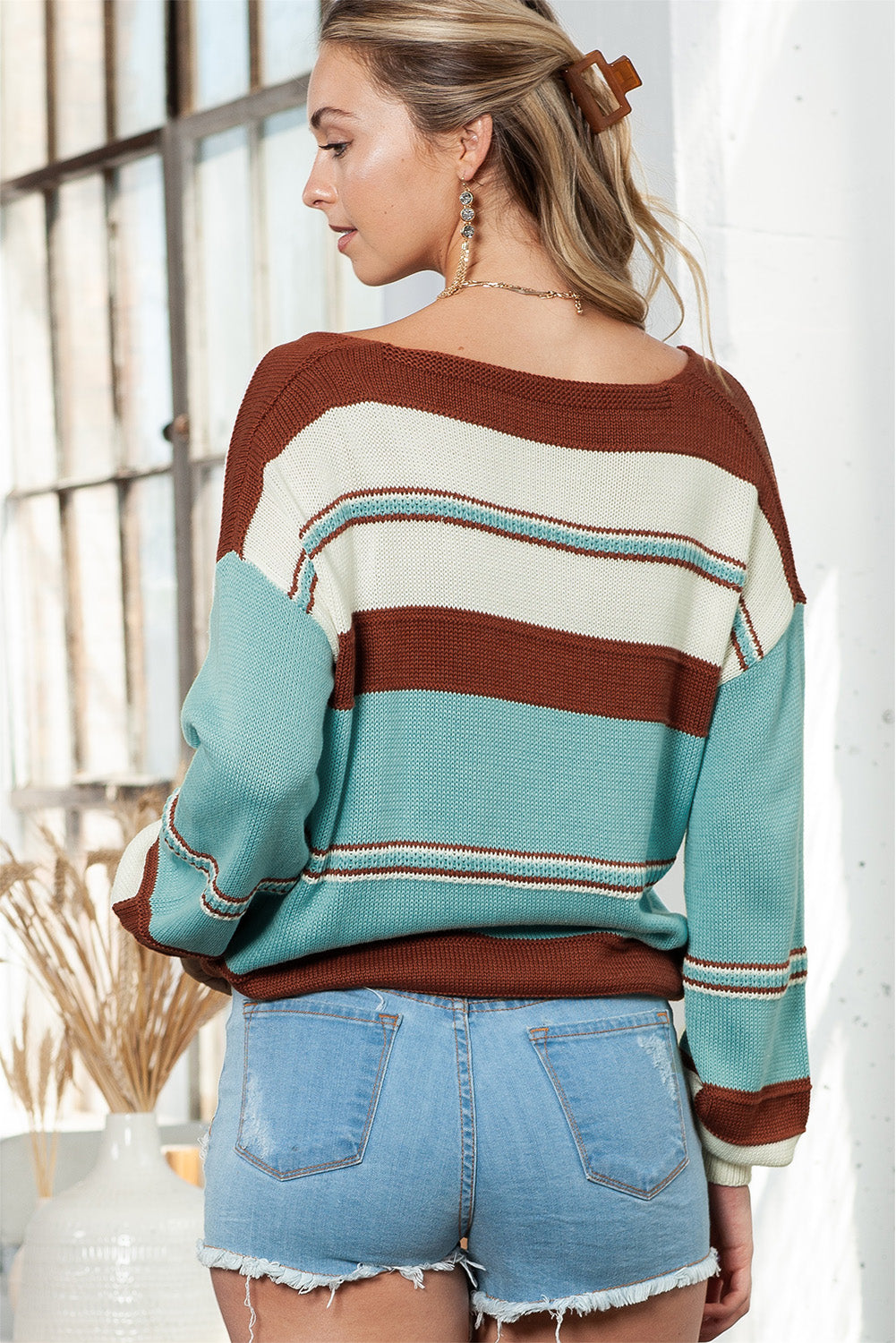 Coffee Striped Knit V Neck Drop Shoulder Sweater