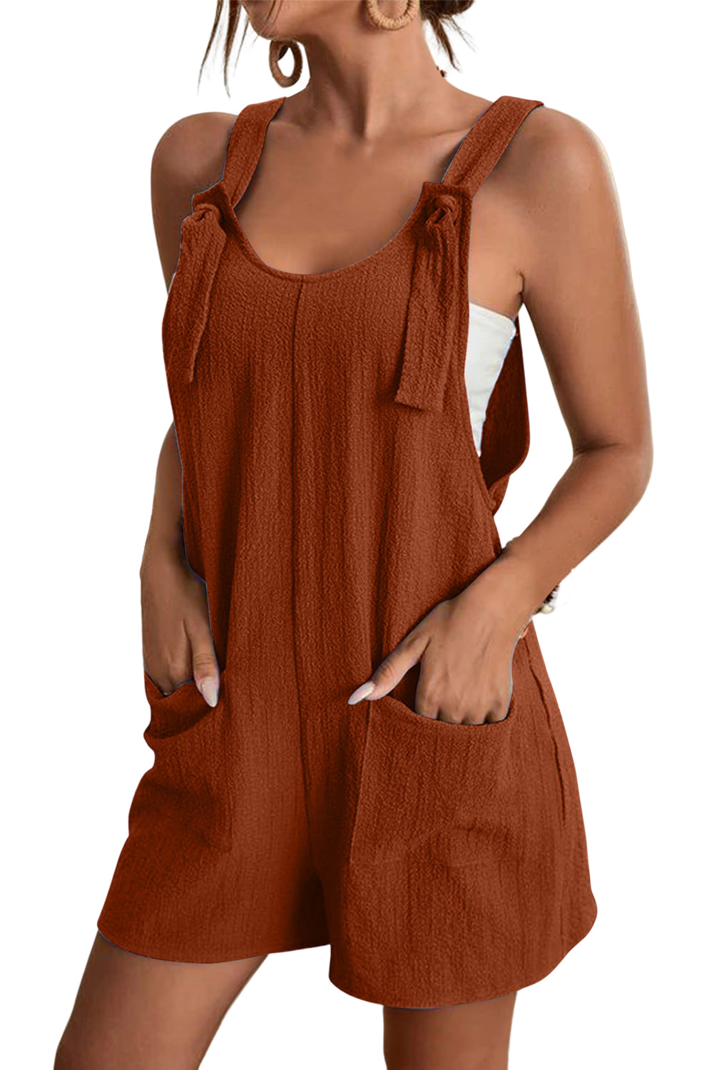 Rose Shoulder Strap Pocket Textured Romper