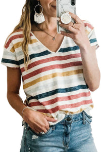 Multicolor Stripes Print Short Sleeve Casual V Neck T Shirt