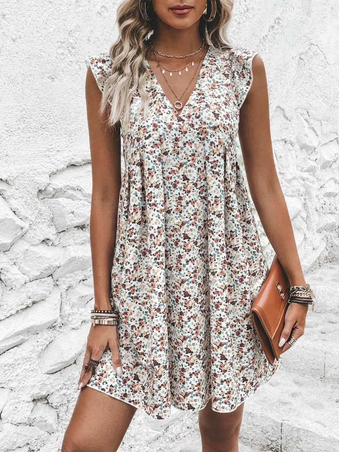 Printed V-Neck Cap Sleeve Mini Dress