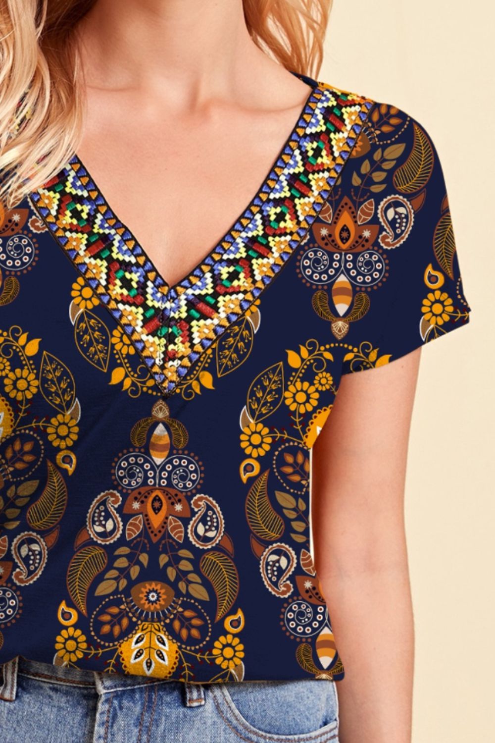 Printed V-Neck Short Sleeve T-Shirt