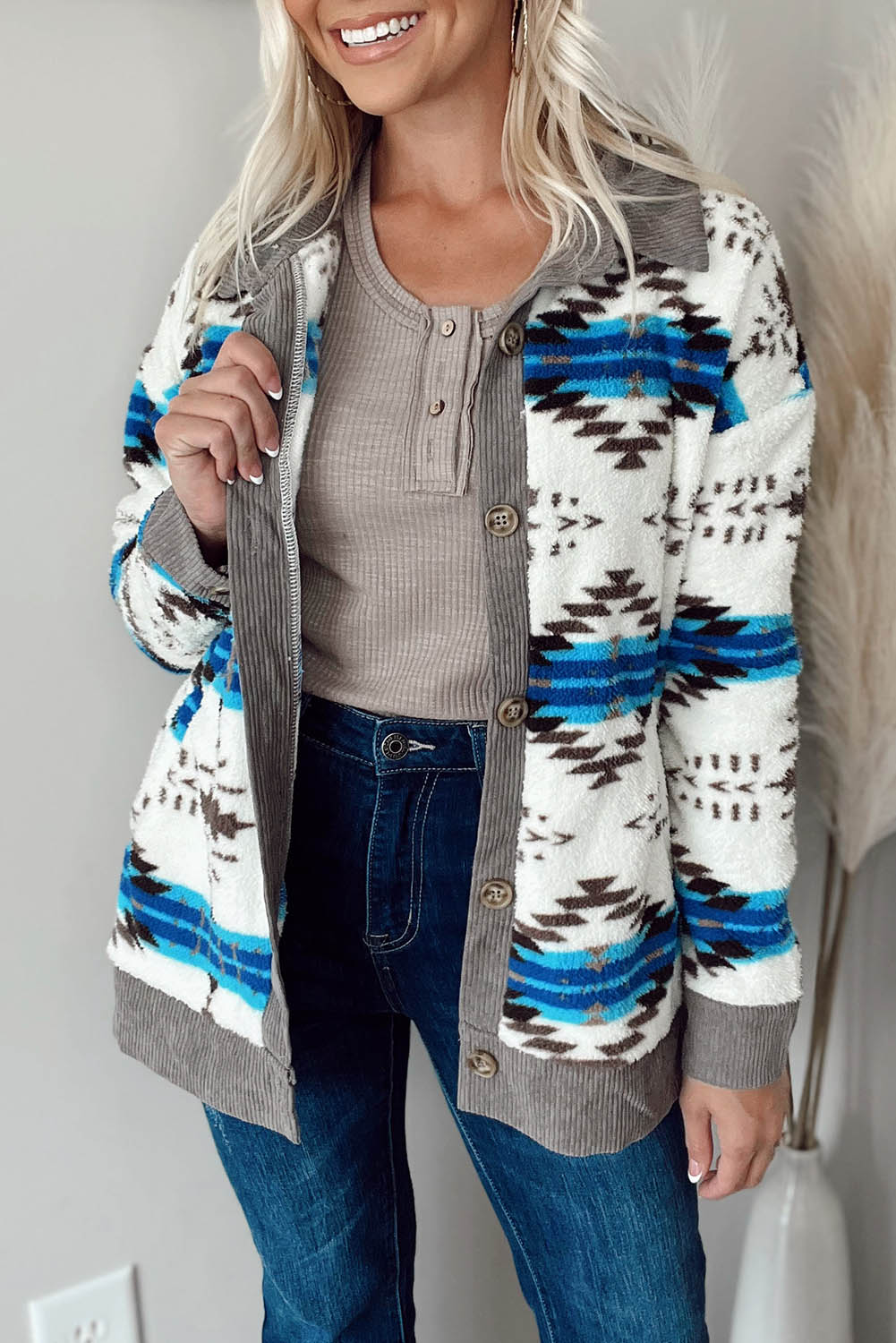 White Geometric Sherpa Corduroy Trim Jacket