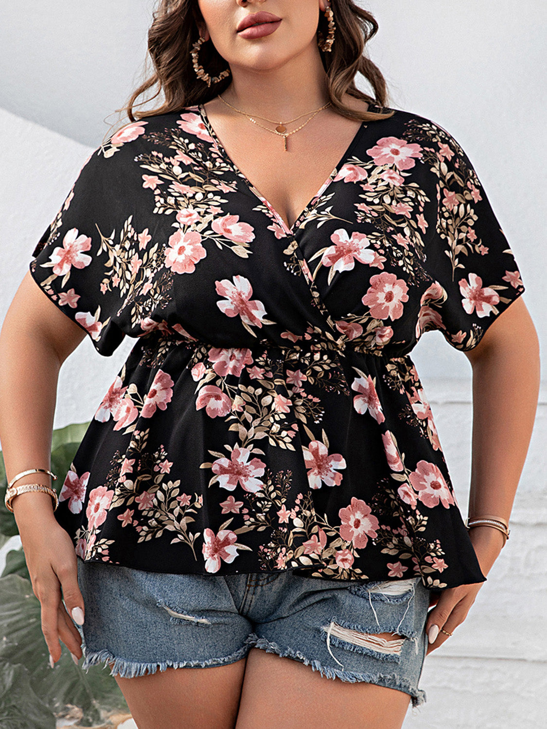 Floral Surplice Short Sleeve Blouse