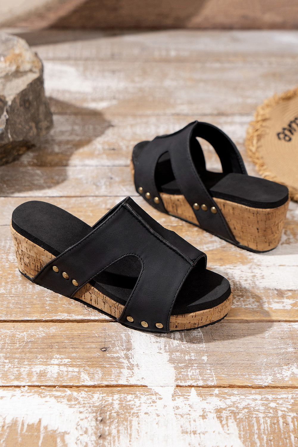 Black Cut Out Rivet Slip-on Wedges