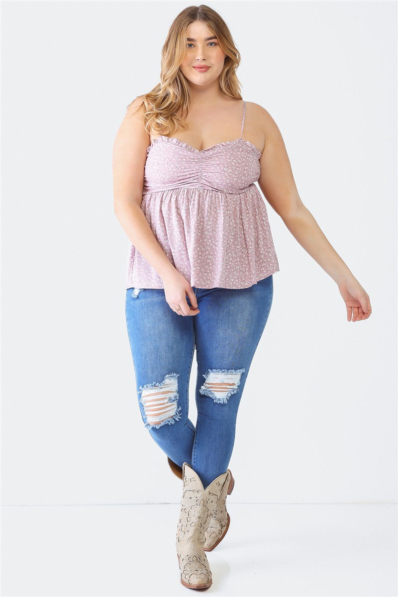 Frill Smocked Floral Sweetheart Neck Cami