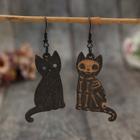 Hook Wooden Skeleton Cat Earrings