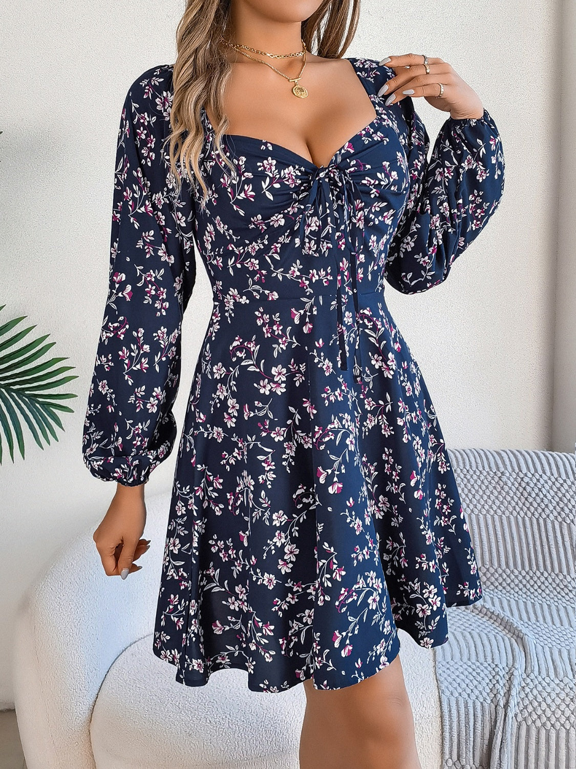 Sweetheart Neck Balloon Sleeve Mini Dress