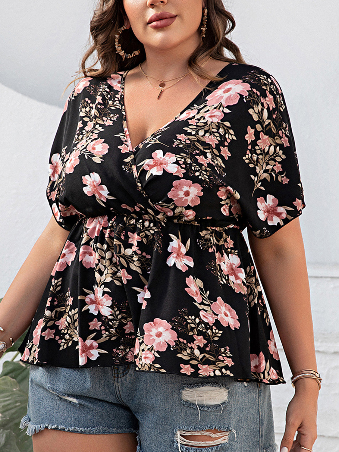 Floral Surplice Short Sleeve Blouse