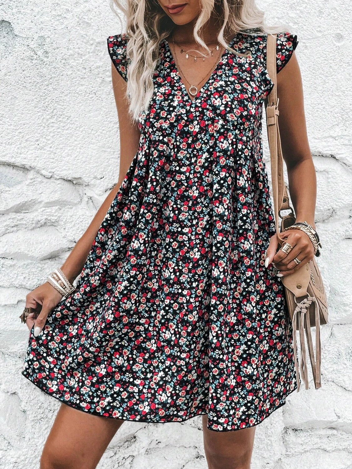 Printed V-Neck Cap Sleeve Mini Dress