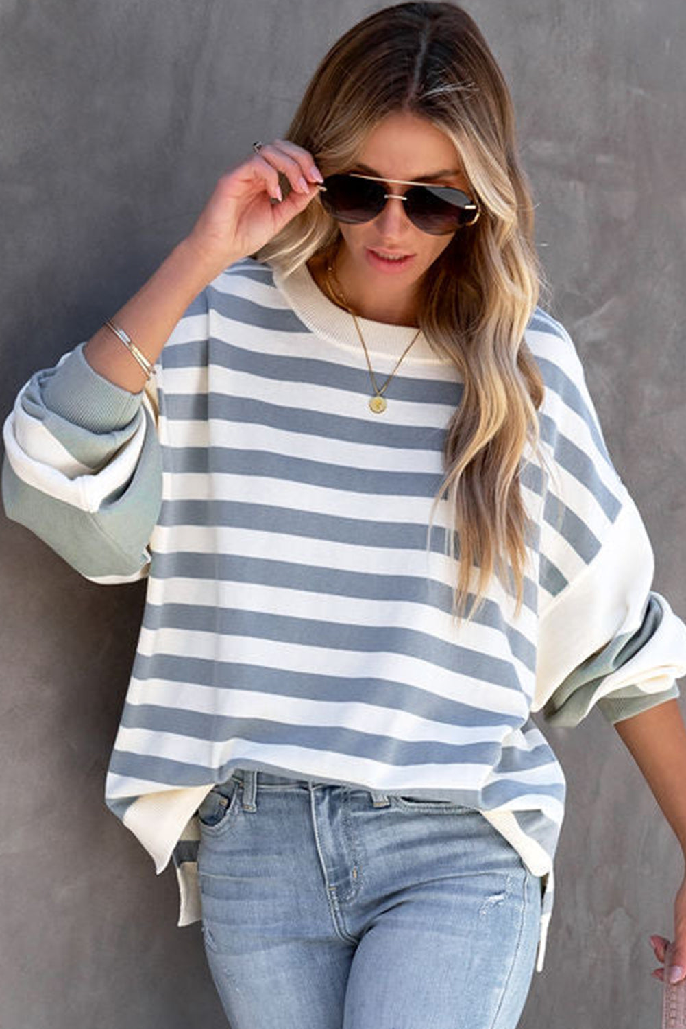 Striped Colorblock Casual Drop Shoulder Sweatshirt