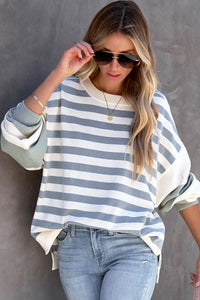 Striped Colorblock Casual Drop Shoulder Sweatshirt