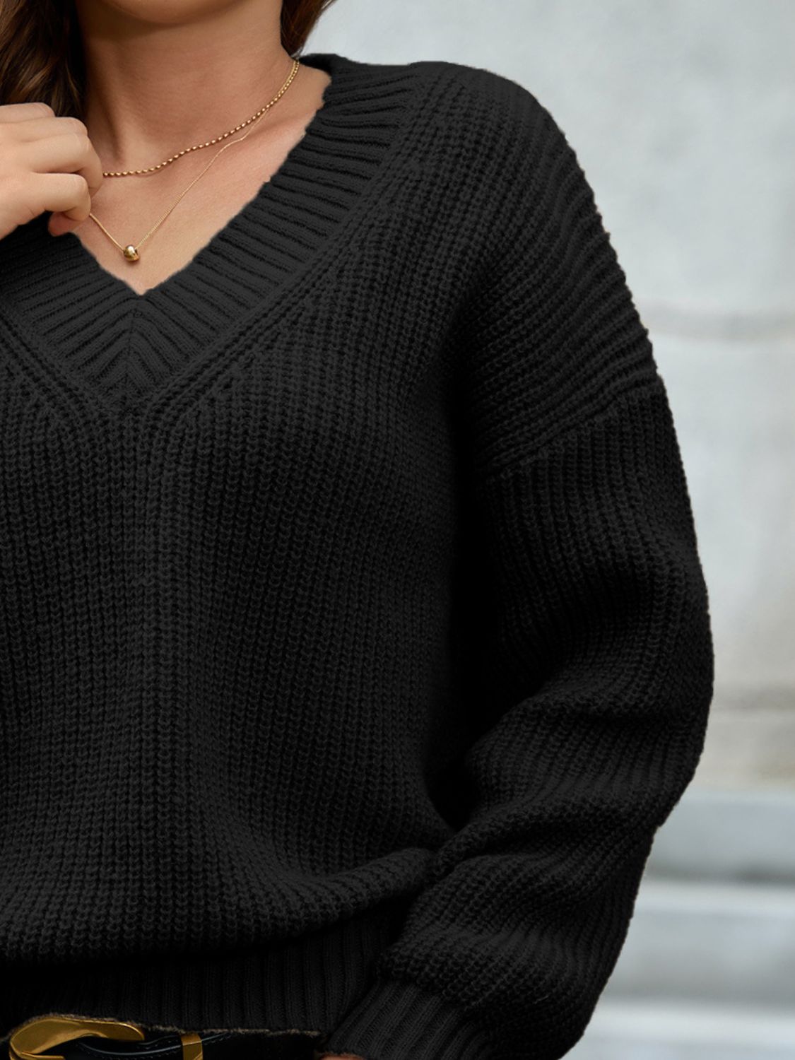 V-Neck Dropped Shoulder Long Sleeve Sweater