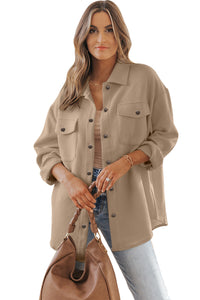 Beige Solid Textured Flap Pocket Buttoned Shacket