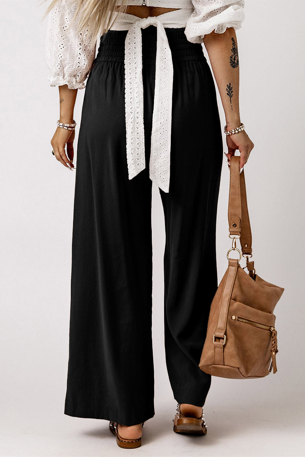 Brown Casual Drawstring Wide Leg Pants