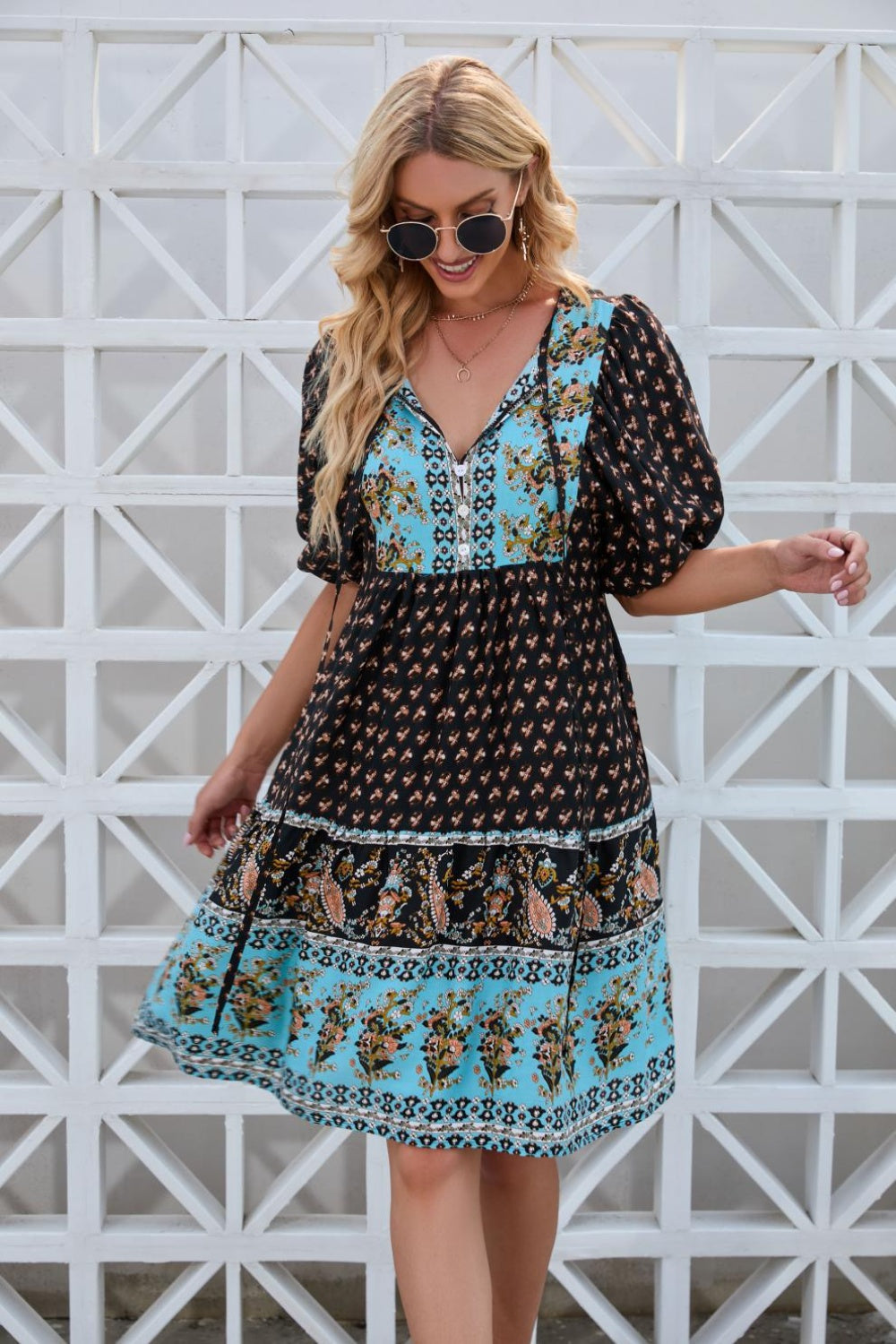 Tie Neck Half Sleeve Dress